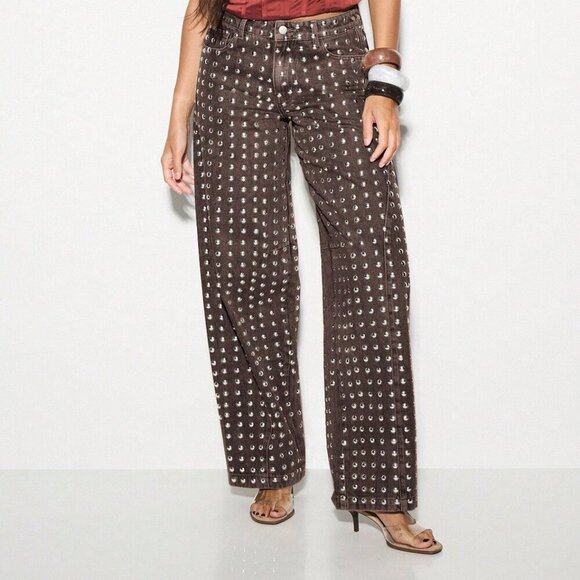 Women's metallic Studded Wide Leg Jeans bottons pants - Picture 5 of 5